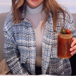 Zara cropped Black, Blue and White tweed Jacket made From Italian fabric